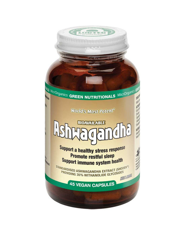 A brown bottle of Green Nutritionals Shoden® Ashwagandha contains 45 vegan capsules. The white label highlights stress support, restorative sleep, and immune health. The cap is white; the brand is MicroOrganics Green Nutritionals.