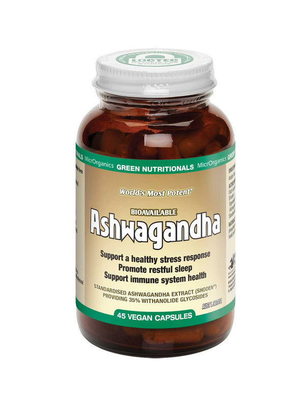 A brown bottle of Green Nutritionals Shoden® Ashwagandha contains 45 vegan capsules. The white label highlights stress support, restorative sleep, and immune health. The cap is white; the brand is MicroOrganics Green Nutritionals.