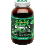A brown bottle of Green Nutritionals Vegan Omega3 90 Caps contains plant-based DHA (255mg) and EPA (127mg) per serving from marine microalgae. The green and white label features bubbles in the background.