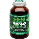 A brown bottle of Green Nutritionals Vegan Omega3 90 Caps contains plant-based DHA (255mg) and EPA (127mg) per serving from marine microalgae. The green and white label features bubbles in the background.