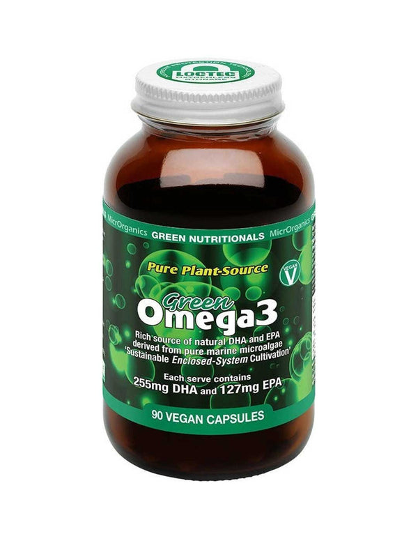 A brown bottle of Green Nutritionals Vegan Omega3 90 Caps contains plant-based DHA (255mg) and EPA (127mg) per serving from marine microalgae. The green and white label features bubbles in the background.