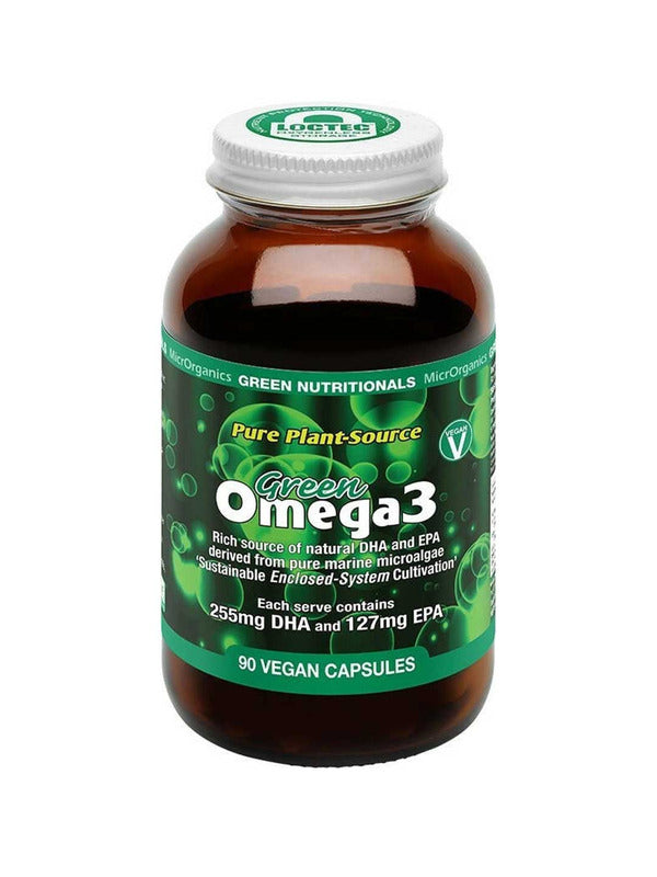 A brown bottle of Green Nutritionals Vegan Omega3 90 Caps contains plant-based DHA (255mg) and EPA (127mg) per serving from marine microalgae. The green and white label features bubbles in the background.