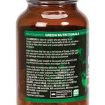 A brown glass bottle labeled Green Nutritionals Vegan Omega3 90 Caps features detailed product info, highlighting it as a vegan omega-3 supplement with plant-based DHA and EPA sourced from marine microalgae.