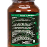 A brown glass bottle labeled Green Nutritionals Vegan Omega3 90 Caps features detailed product info, highlighting it as a vegan omega-3 supplement with plant-based DHA and EPA sourced from marine microalgae.