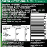 A nutrition label for Green Nutritionals Vegan Omega3 90 Caps, listing ingredients, usage directions, adult and child dosage, storage info, nutritional details, and manufacturer information.