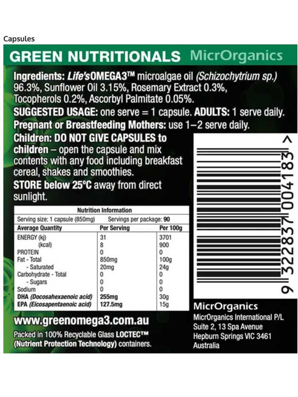 A nutrition label for Green Nutritionals Vegan Omega3 90 Caps, listing ingredients, usage directions, adult and child dosage, storage info, nutritional details, and manufacturer information.