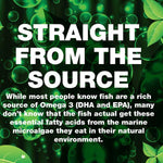 Green Nutritionals Vegan Omega3 90 Caps: Fish get vegan omega 3 (DHA & EPA) from marine microalgae—not other fish. Straight from the source—no fish needed. Green abstract background with bubbles and leaves.