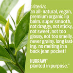 Product standards and certifications for Hurraw! Organic Lip Balm - Green Tea 4.8g