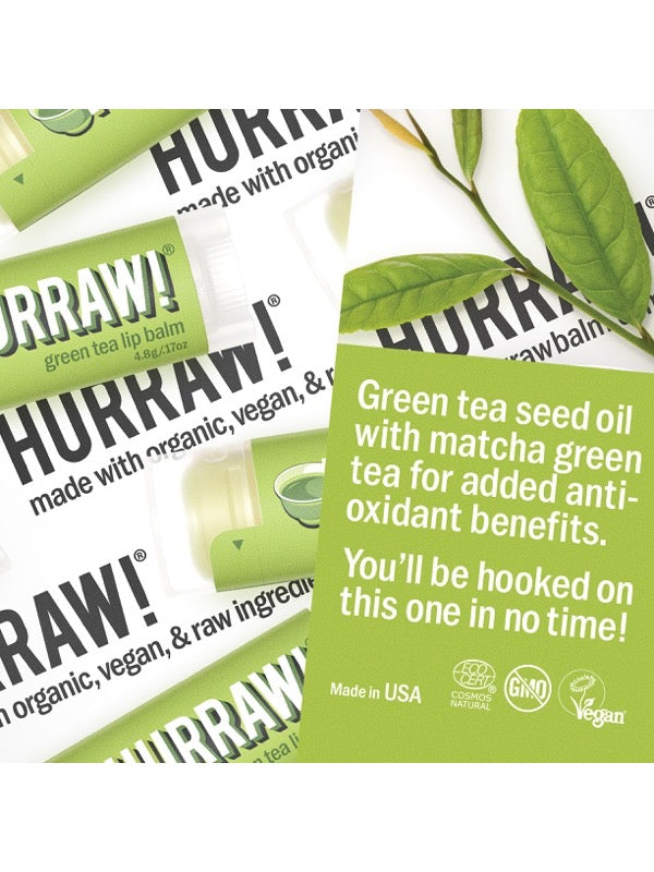 Product and flavour details for Hurraw! Organic Lip Balm - Green Tea 4.8g