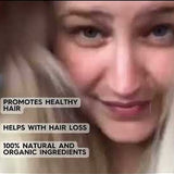 Video still of a blonde woman with text claiming HairOM promotes healthy hair, helps with hair loss, and contains 100% natural and organic ingredients.