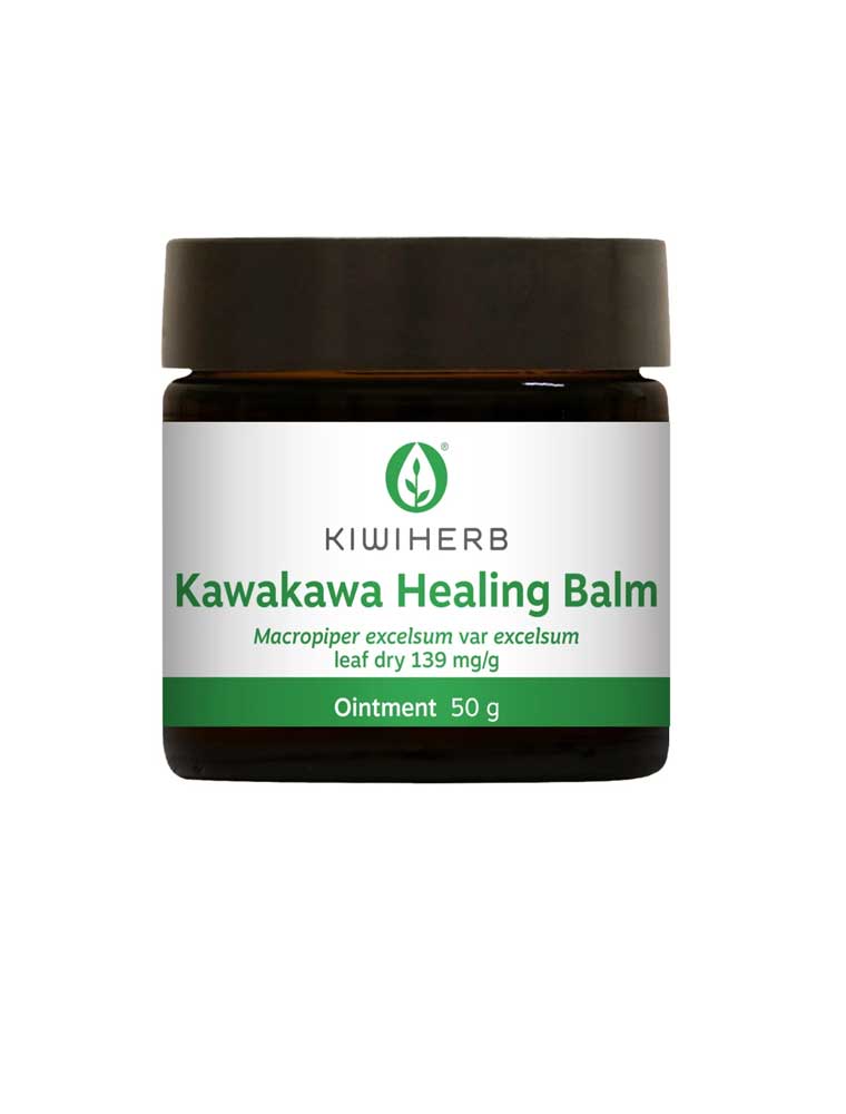 A dark brown jar labeled Kiwiherb Kawakawa Healing Balm 50g with green accents, featuring Macropiper excelsum var excelsum leaf dry 139 mg/g, highlights skin repair benefits inspired by New Zealand herbal medicine.