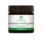 A dark brown jar labeled Kiwiherb Kawakawa Healing Balm 50g with green accents, featuring Macropiper excelsum var excelsum leaf dry 139 mg/g, highlights skin repair benefits inspired by New Zealand herbal medicine.