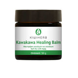 A dark brown jar labeled Kiwiherb Kawakawa Healing Balm 50g with green accents, featuring Macropiper excelsum var excelsum leaf dry 139 mg/g, highlights skin repair benefits inspired by New Zealand herbal medicine.