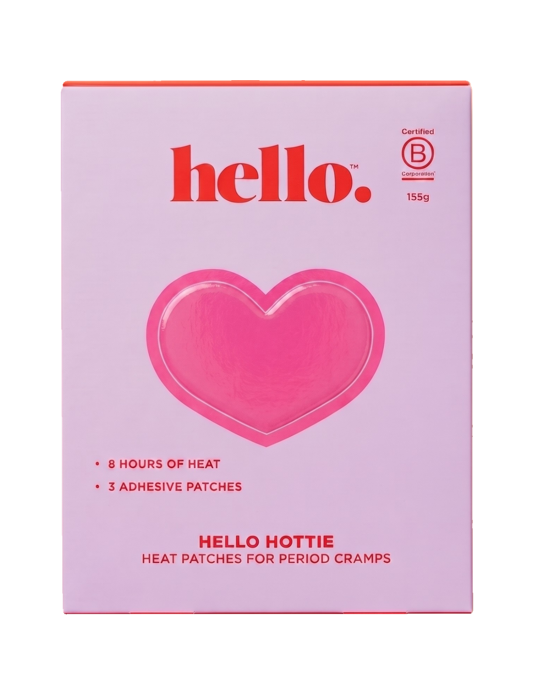 Front of the Hello Hottie Heat Patch 3 Pack box, with a red Hello logo and large pink heart on pale lilac packaging, centred on a plain white background.