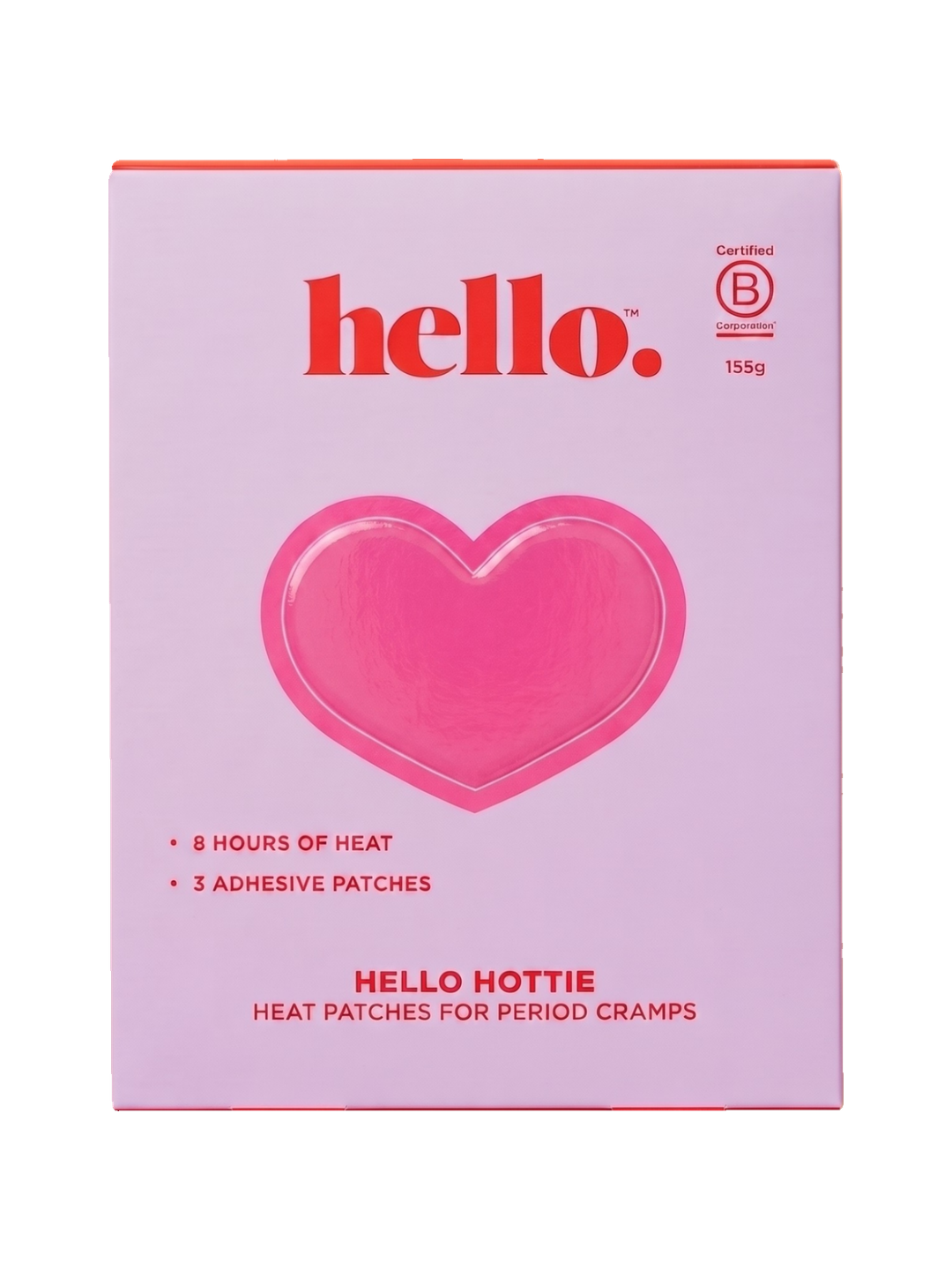 Front of the Hello Hottie Heat Patch 3 Pack box, with a red Hello logo and large pink heart on pale lilac packaging, centred on a plain white background.