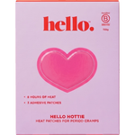 Front of the Hello Hottie Heat Patch 3 Pack box, with a red Hello logo and large pink heart on pale lilac packaging, centred on a plain white background.