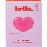 Front of the Hello Hottie Heat Patch 3 Pack box, with a red Hello logo and large pink heart on pale lilac packaging, centred on a plain white background.
