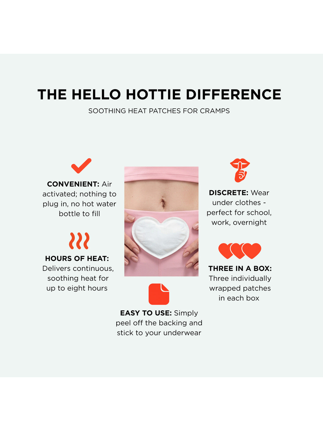 Hello Hottie features guide showing a heart-shaped patch on underwear and explaining air activation, discreet wear, up to eight hours of heat, three individually wrapped patches and peel-and-stick application.