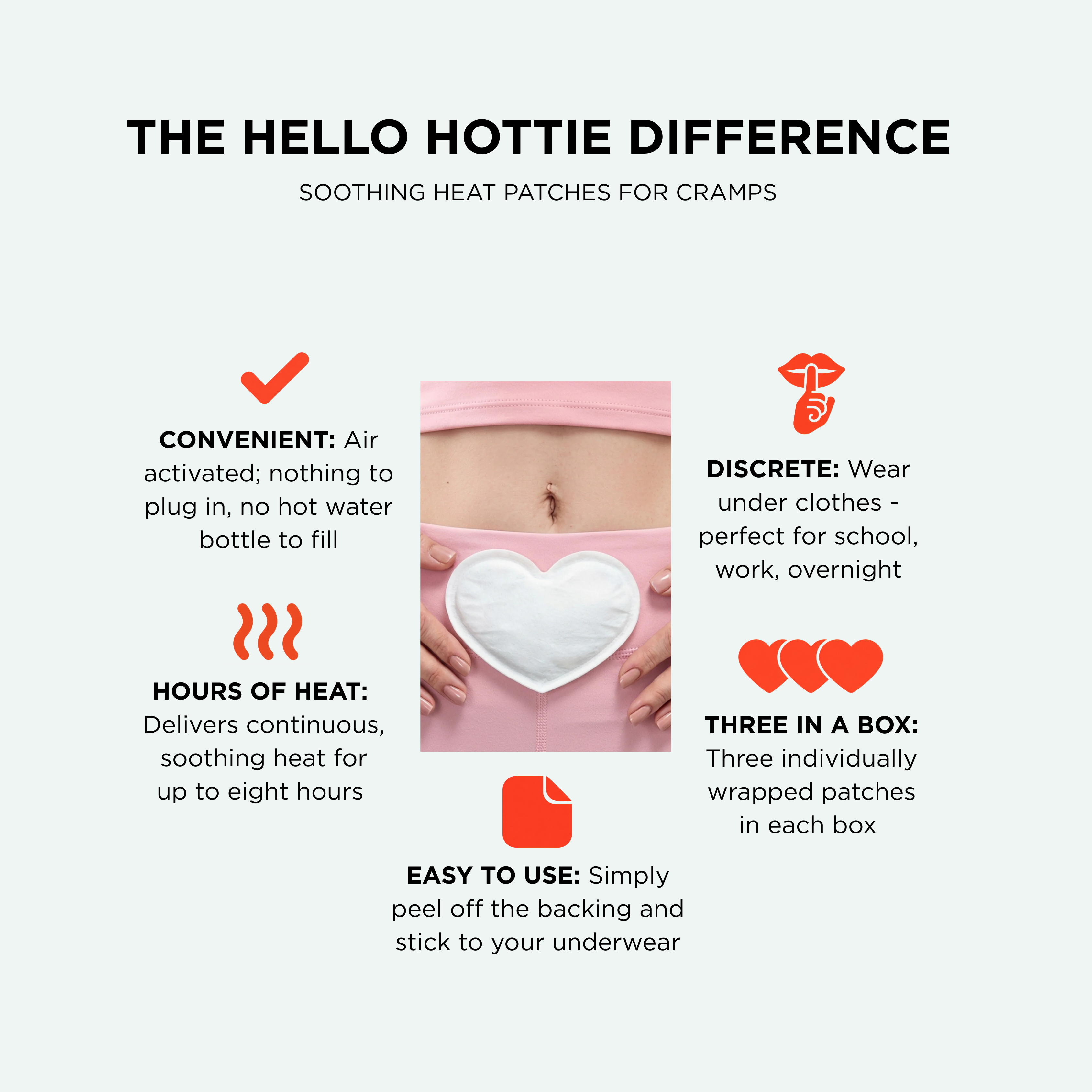 Hello Hottie features guide showing a heart-shaped patch on underwear and explaining air activation, discreet wear, up to eight hours of heat, three individually wrapped patches and peel-and-stick application.