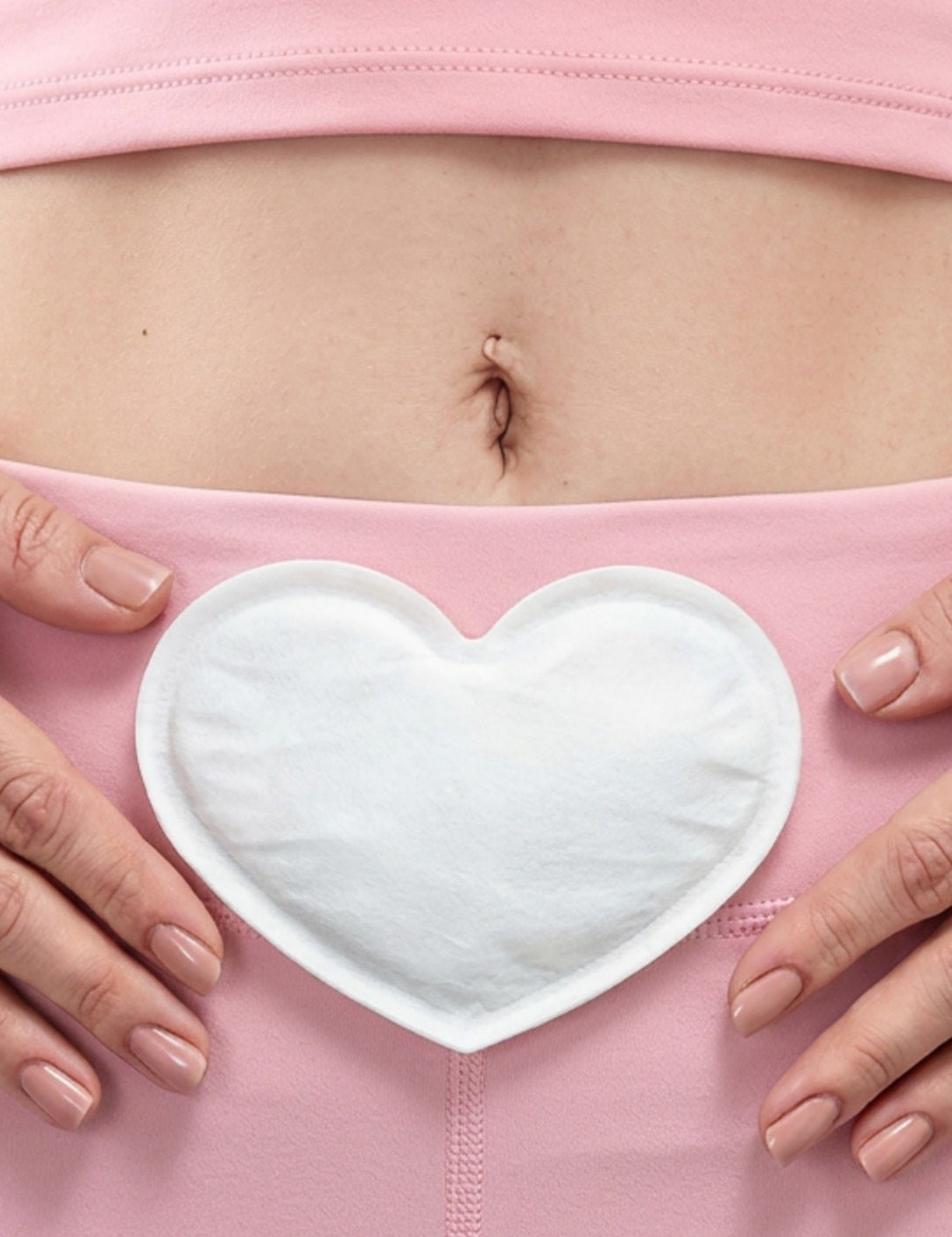 Close-up of a white heart-shaped Hello Hottie heat patch attached to the outside of pink underwear below the navel, with hands resting on either side.