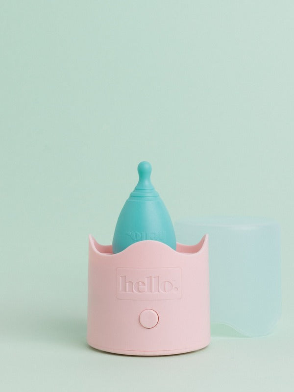 Hello Period cup inside the Steamy steriliser base