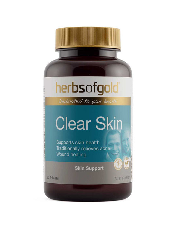 Brown Herbs of Gold Clear Skin bottle with a gold screw cap, a white-and-gold brand header and a turquoise label above a grey Skin Support band.