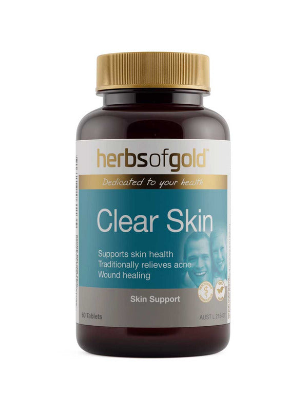 Brown Herbs of Gold Clear Skin bottle with a gold screw cap, a white-and-gold brand header and a turquoise label above a grey Skin Support band.