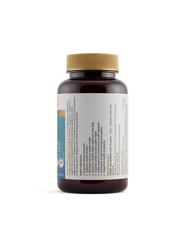 Back of the Herbs of Gold Magnesium Citrate 900 bottle showing ingredients