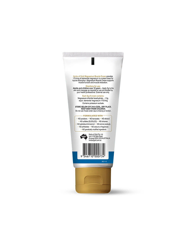 Back of the Herbs of Gold Magnesium Muscle Cream tube showing ingredients