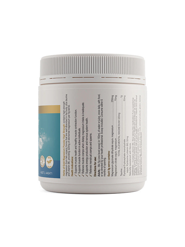 Back of the Herbs of Gold Magnesium Powder High Strength tub showing ingredients