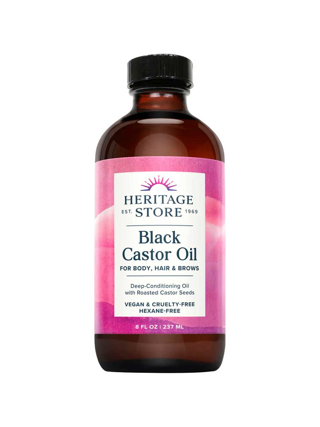 A brown bottle of Heritage Store Black Castor Oil 237ml with a pink label, deep-conditioning, vegan, cruelty-free, and hexane-free. This nourishing oil promotes healthy hair growth for body, hair, and brows.