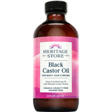 A brown bottle of Heritage Store Black Castor Oil 237ml with a pink label, deep-conditioning, vegan, cruelty-free, and hexane-free. This nourishing oil promotes healthy hair growth for body, hair, and brows.