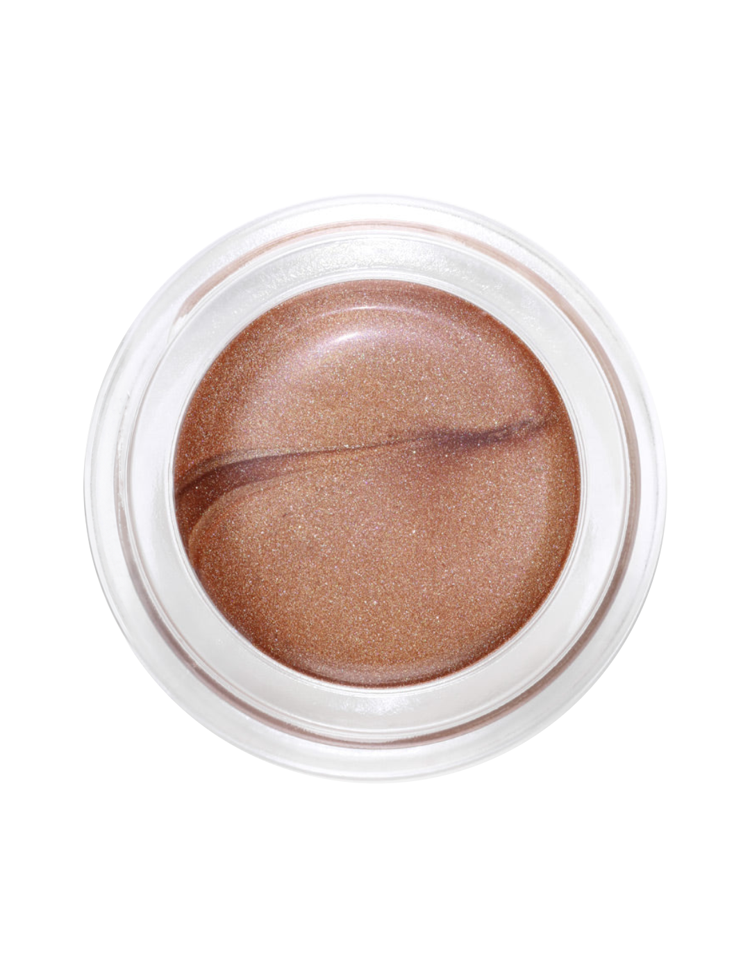 Top view of an open clear round pot of Hurraw! Bronze Aura Balm, showing shimmering bronze balm with a shallow line across its smooth surface.