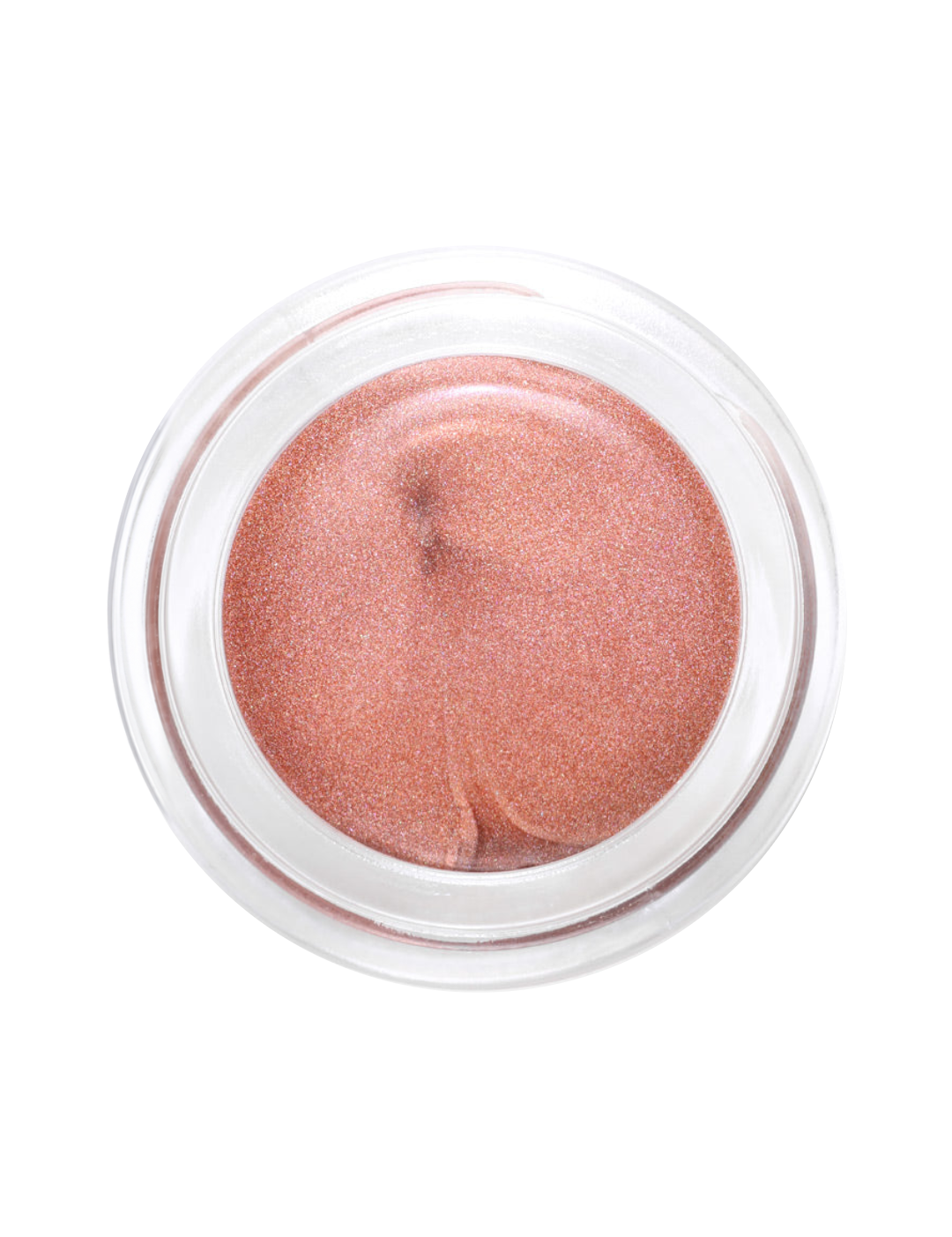 Top view of an open clear round pot of Hurraw! Copper Aura Balm, showing shimmering copper-pink balm with small indentations in its surface.