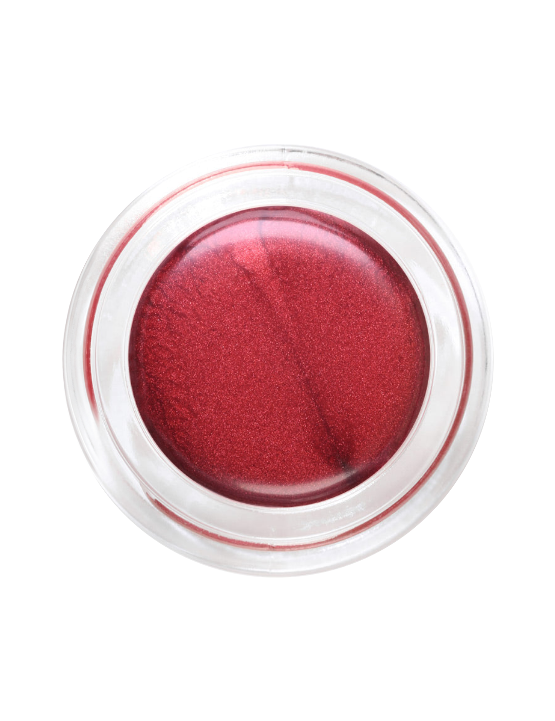 Top view of an open clear round pot of Hurraw! Crimson Aura Balm, showing deep crimson-red balm with a metallic sheen and a line across its surface.