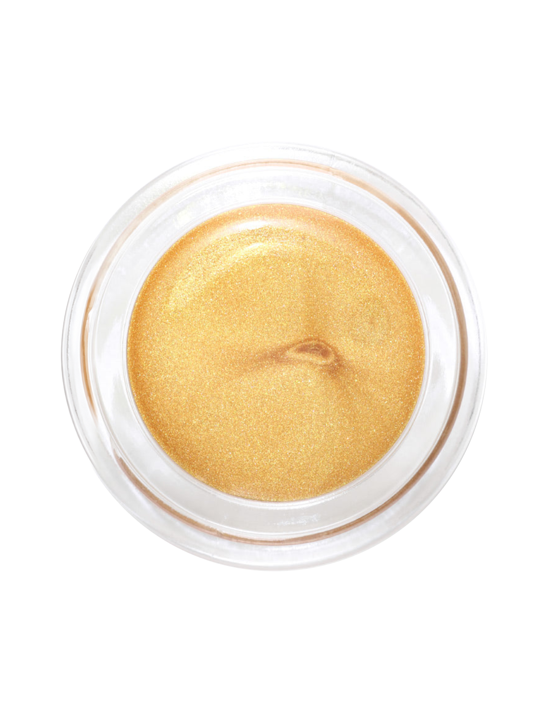 Top view of an open clear round pot of Hurraw! Gold Aura Balm, showing shimmering yellow-gold balm with a small central indentation.
