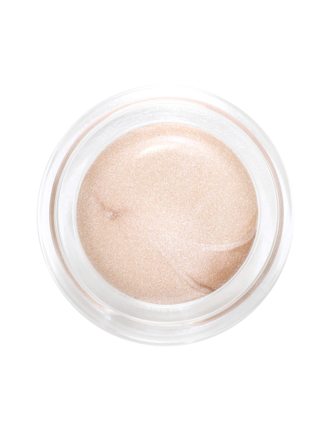 Top view of an open clear round pot of Hurraw! Pearl Aura Balm, showing pale champagne-pink balm with a pearly shimmer and a shallow curved line across its surface.