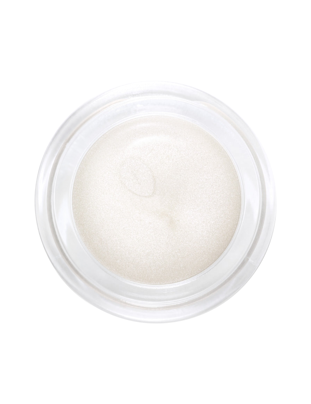 Top view of an open clear round pot of Hurraw! Silver Aura Balm, showing ivory-white balm with a fine silvery shimmer and a small curved indentation.