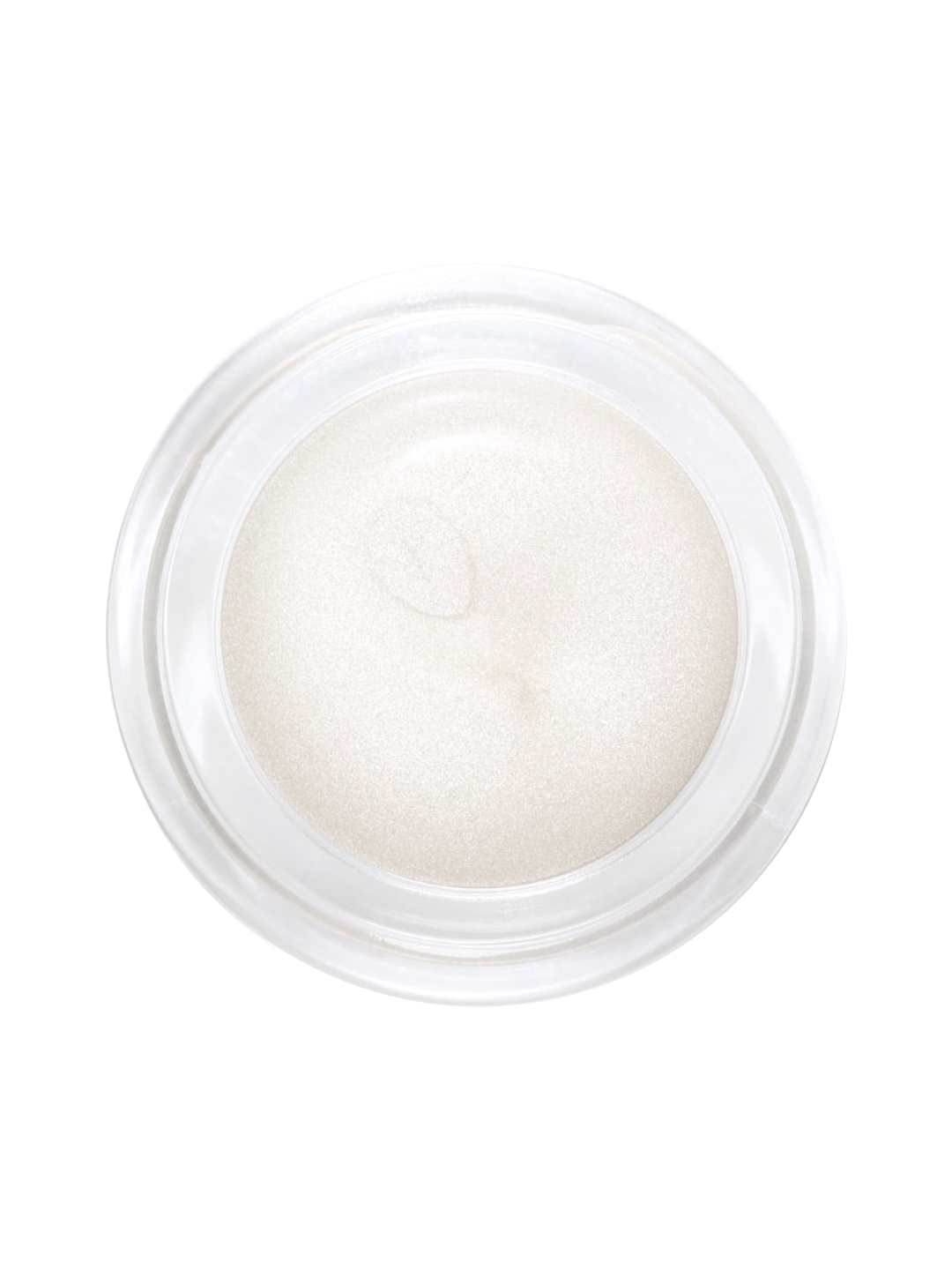 Top view of an open clear round pot of Hurraw! Silver Aura Balm, showing ivory-white balm with a fine silvery shimmer and a small curved indentation.