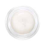 Top view of an open clear round pot of Hurraw! Silver Aura Balm, showing ivory-white balm with a fine silvery shimmer and a small curved indentation.