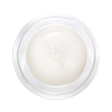 Top view of an open clear round pot of Hurraw! Silver Aura Balm, showing ivory-white balm with a fine silvery shimmer and a small curved indentation.