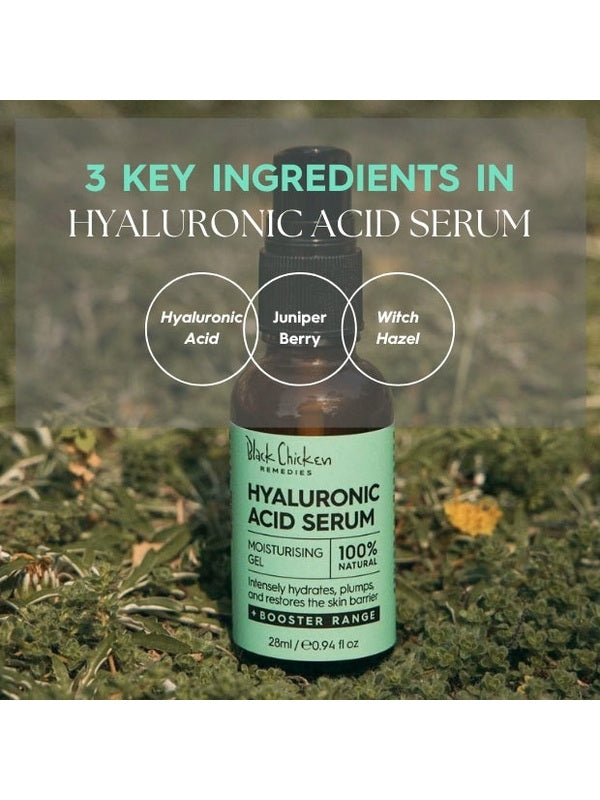 A Hyaluronic Acid Serum bottle rests on grass beneath the heading 3 Key Ingredients. Three labelled circles name hyaluronic acid, juniper berry and witch hazel.
