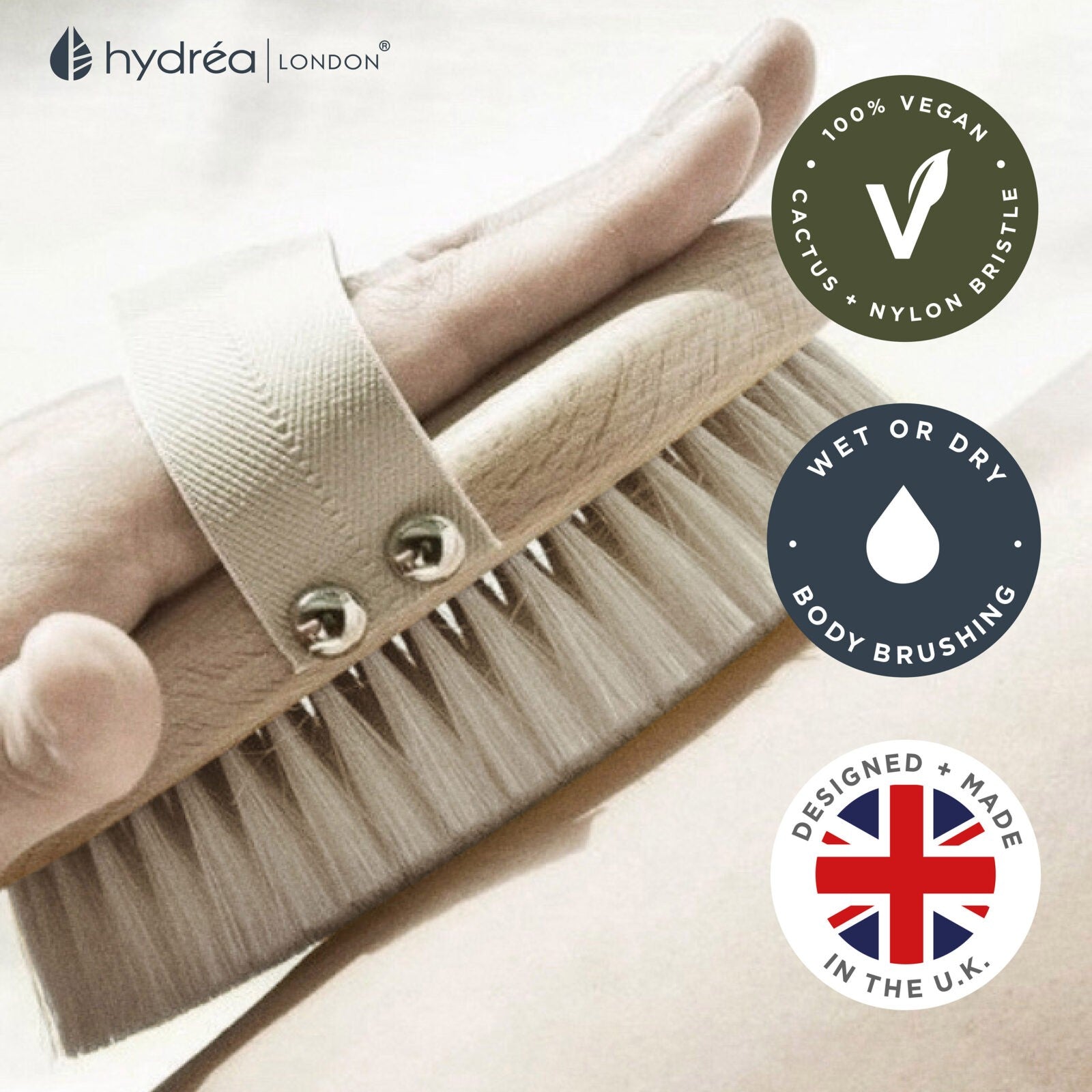 Hydrea Professional Vegan Dry Body Brush held in hand for body brushing