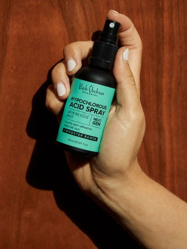 Hypochlorous Acid Spray label showing 150 ppm / 0.015% concentration – Black Chicken Remedies Hypochlorous Acid Spray Skin Rescue Mist 50ml