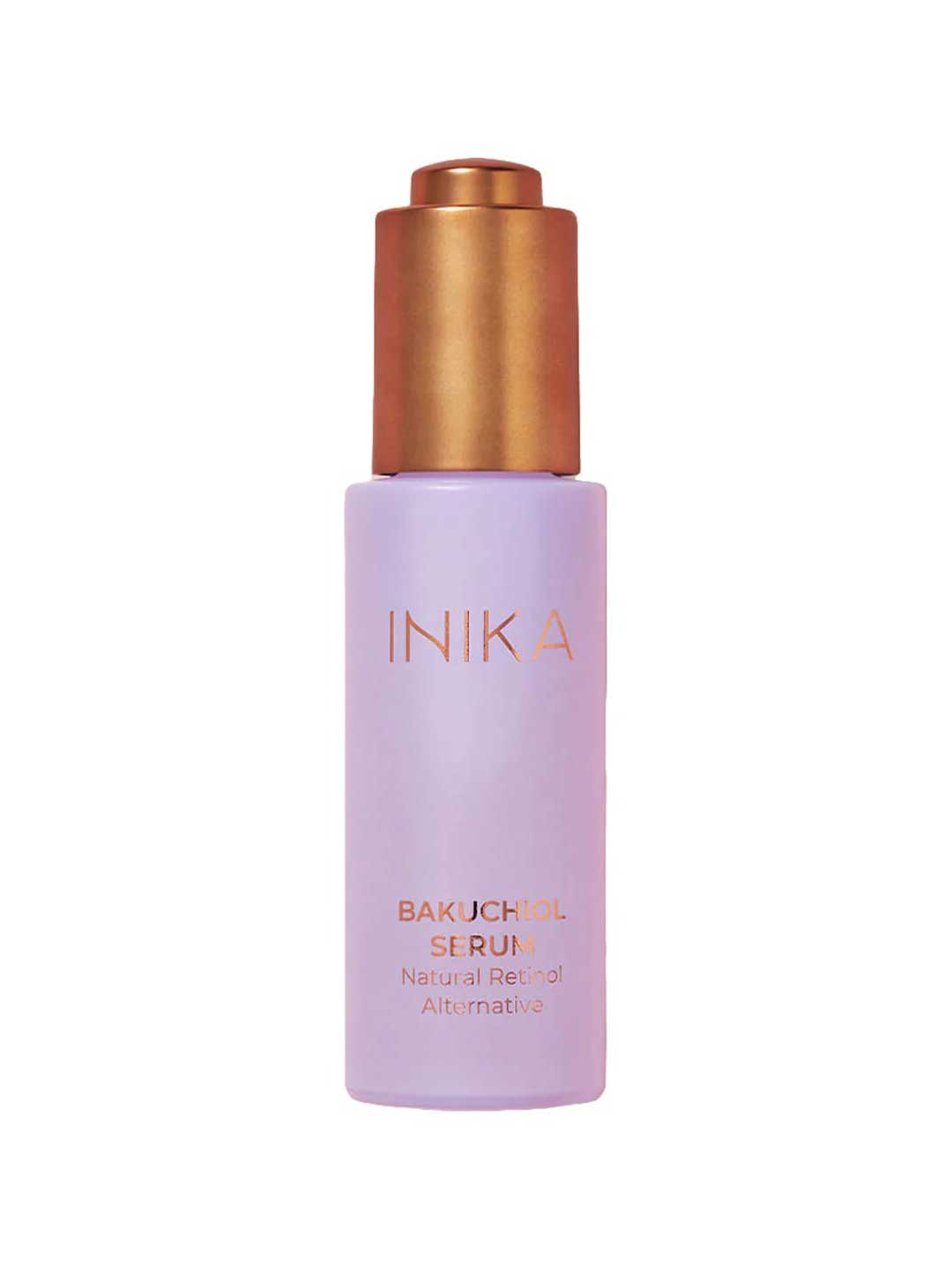 A lavender bottle with a gold cap labeled INIKA Organic Bakuchiol Serum Natural Retinol Alternative 30ml rests on a white background—an elegant, vegan-friendly skincare upgrade.