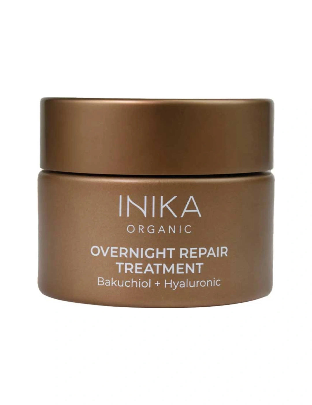 Short round bronze INIKA Overnight Repair Treatment jar with a matching screw lid and white lettering naming Bakuchiol and Hyaluronic, on a white background.