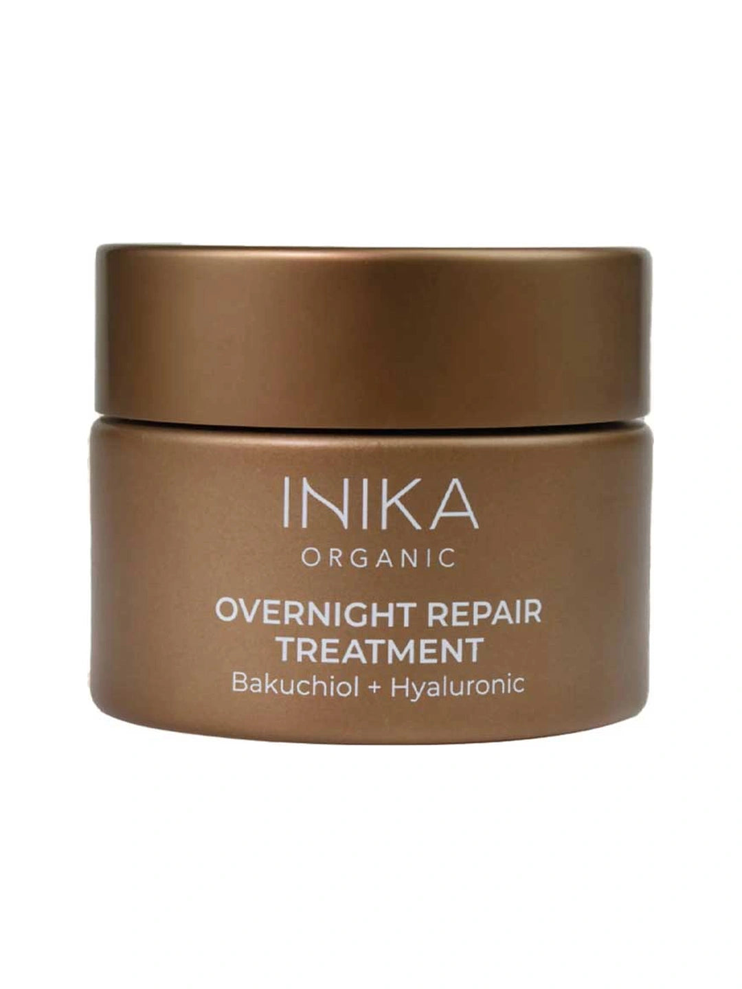 Short round bronze INIKA Overnight Repair Treatment jar with a matching screw lid and white lettering naming Bakuchiol and Hyaluronic, on a white background.