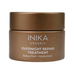 Short round bronze INIKA Overnight Repair Treatment jar with a matching screw lid and white lettering naming Bakuchiol and Hyaluronic, on a white background.