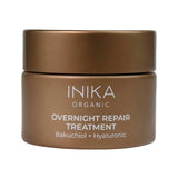 Short round bronze INIKA Overnight Repair Treatment jar with a matching screw lid and white lettering naming Bakuchiol and Hyaluronic, on a white background.