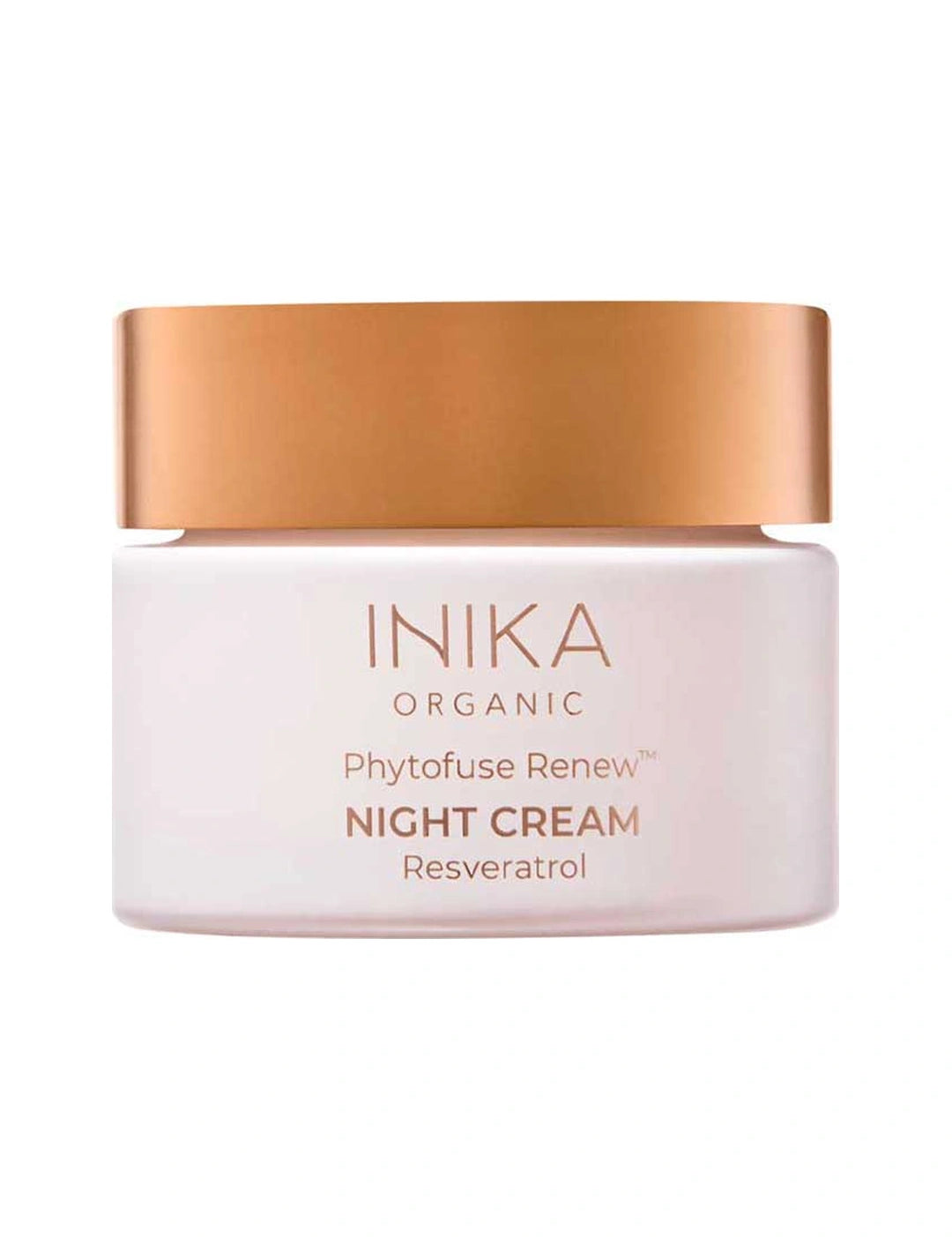 Round pale pink INIKA Phytofuse Renew Night Cream jar with a broad gold lid and gold lettering naming Resveratrol, against a white background.
